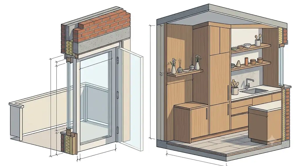 Mặt cắt không gian nội thất với kích thước bàn bếp và bàn thờ chuẩn phong thủy