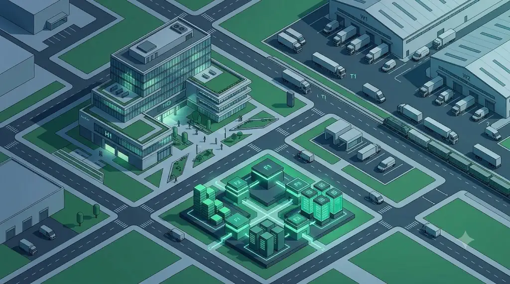 Hình ảnh dựng 3D isometric về tài sản bất động sản doanh nghiệp và máy móc thương mại cân đối trên bảng cân đối kế toán