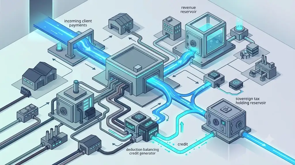 Mô hình 3D isometric trực quan hóa dòng tiền doanh nghiệp luân chuyển qua cơ chế đối soát cân trừ thuế đầu vào và đầu ra