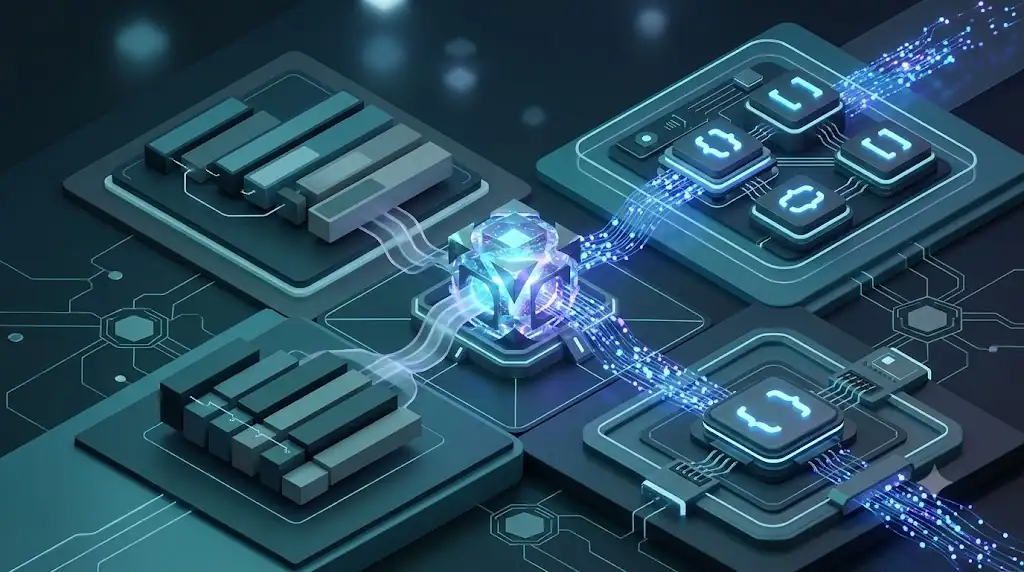 Sơ đồ kỹ thuật isometric minh họa quy trình phân tích cú pháp AST và chuyển đổi từ cây khoảng trắng YAML sang schema bao đóng JSON RFC 8259